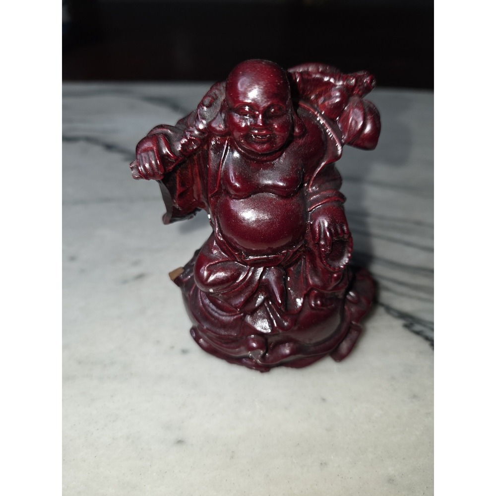 Laughing Buddha Red Resin Figurine 3.5" Feng Shui Wealth Prosperity Statue Decor